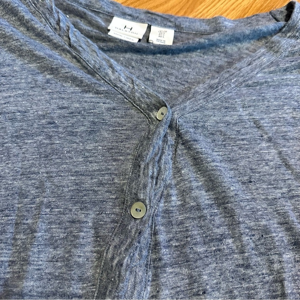 Halston 100% linen gray blue slub cotton feel button short sleeve baggy shirt L - Picture 3 of 7